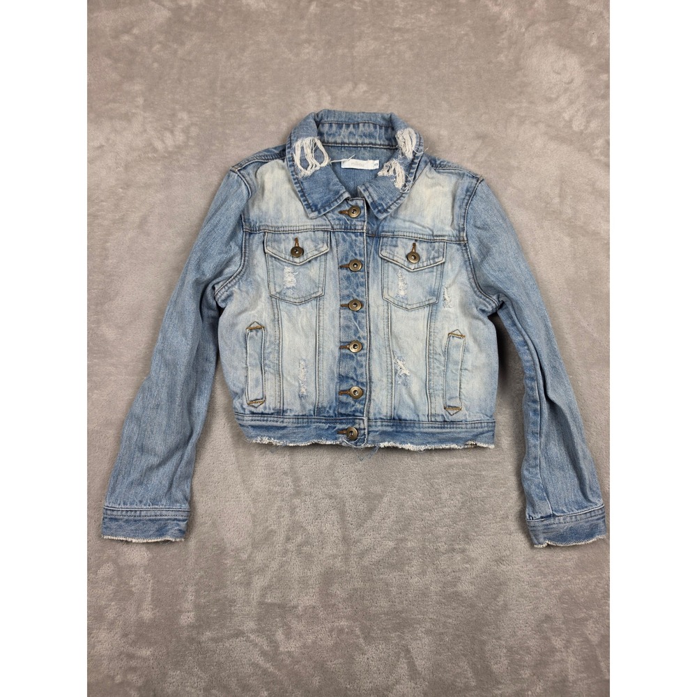 Millau Denim Jacket Womens Juniors Small Blue Distressed Crop Frayed Hem Cotton